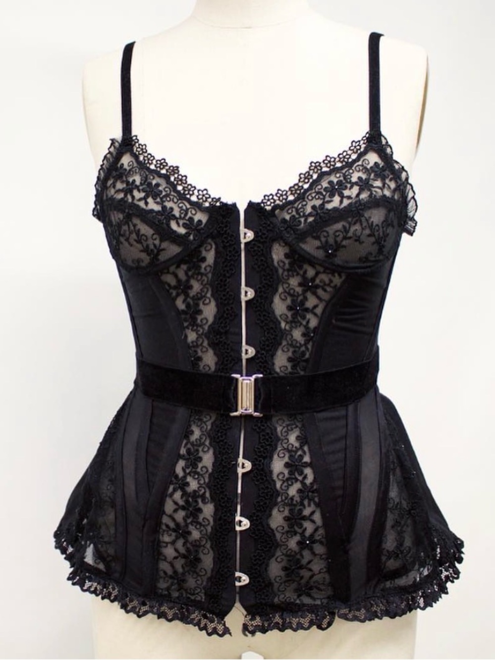 Black Lace Corset Top with Velvet Belt - Women Intimates & Sleepwear